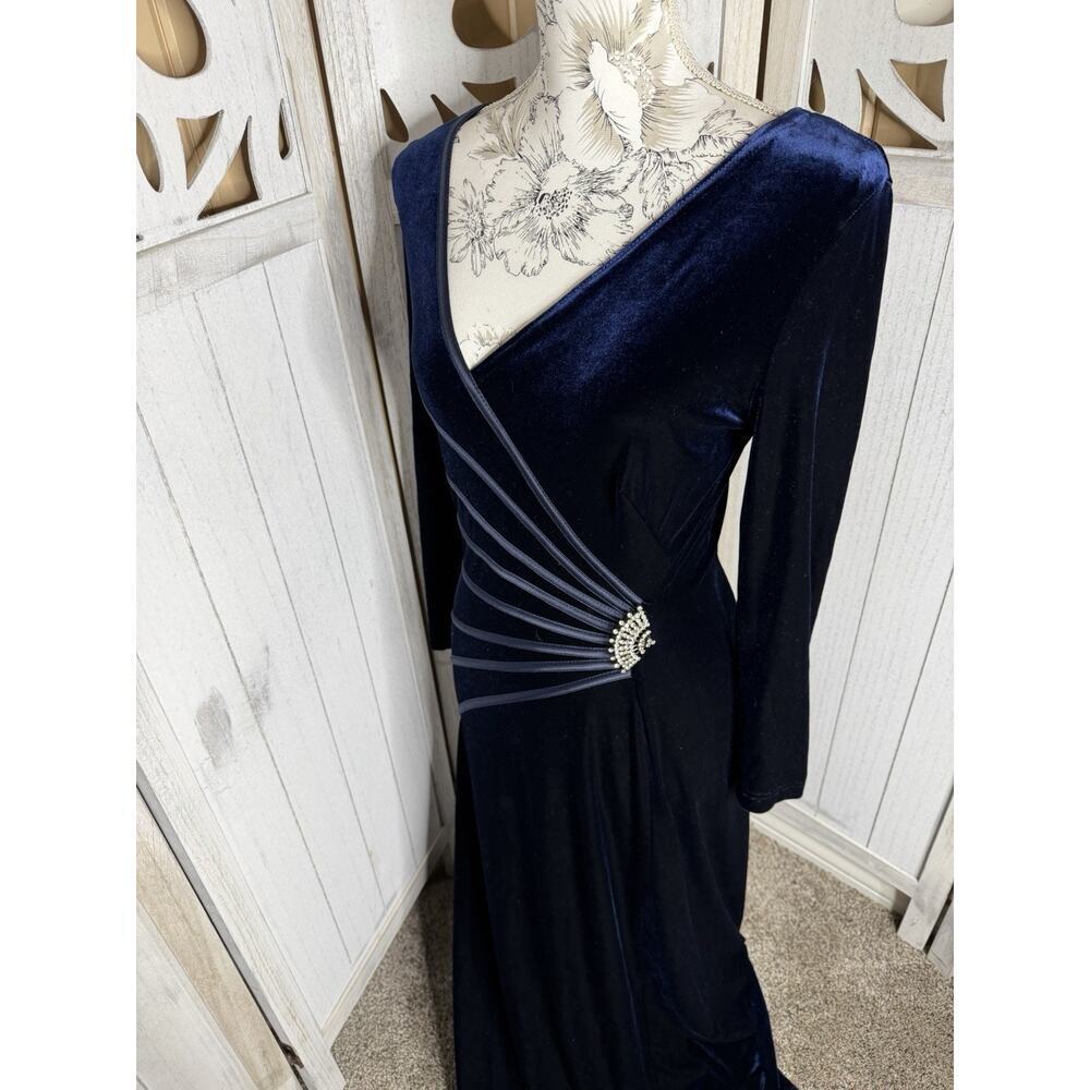 TADASHI Nordstrom Stretch Velvet Ribbon Accent Rhinestone Maxi Blue Dress Small - Picture 2 of 7